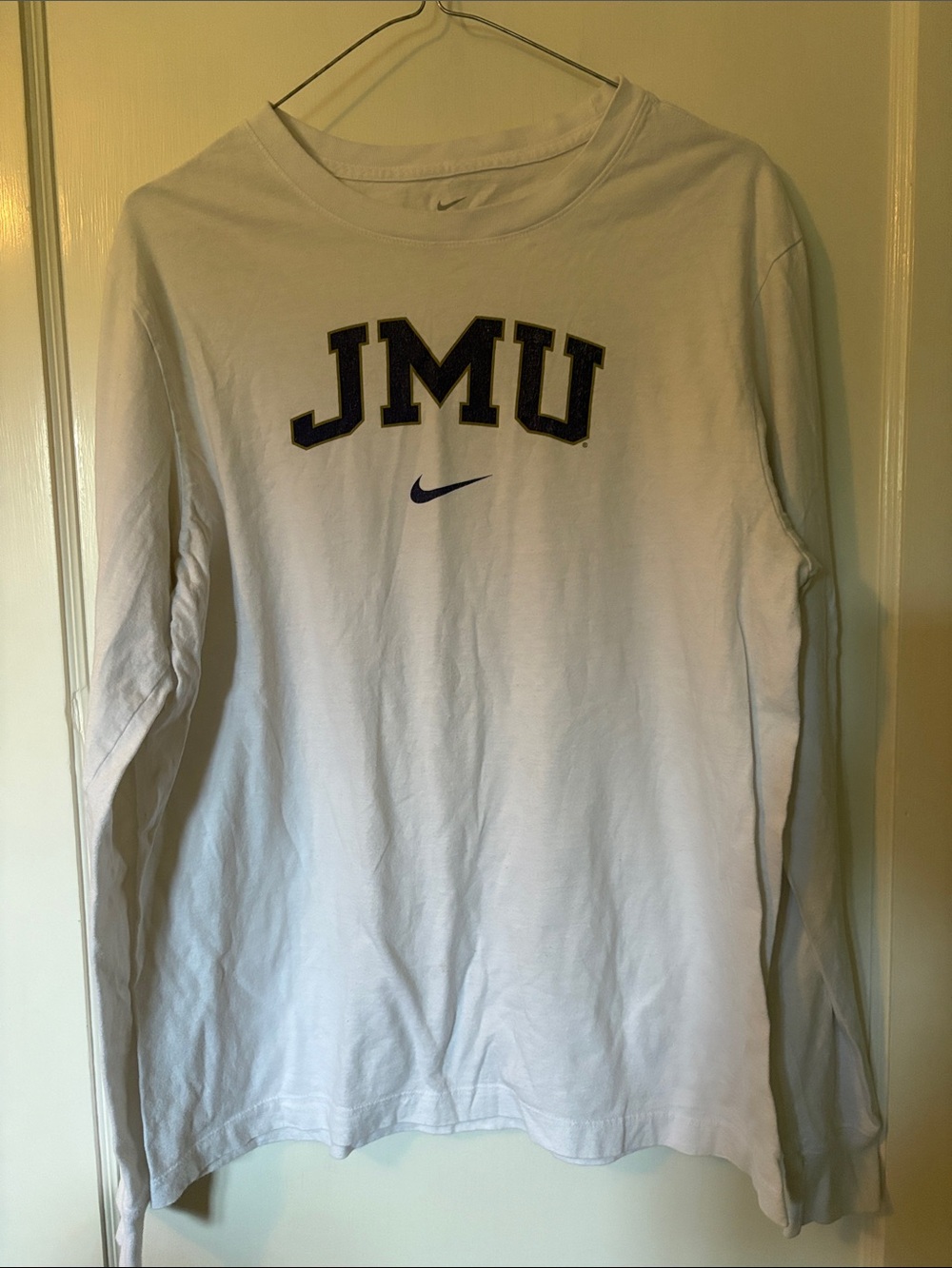 Nike White JMU Long Sleeve Crewneck Tee with Purple Logo